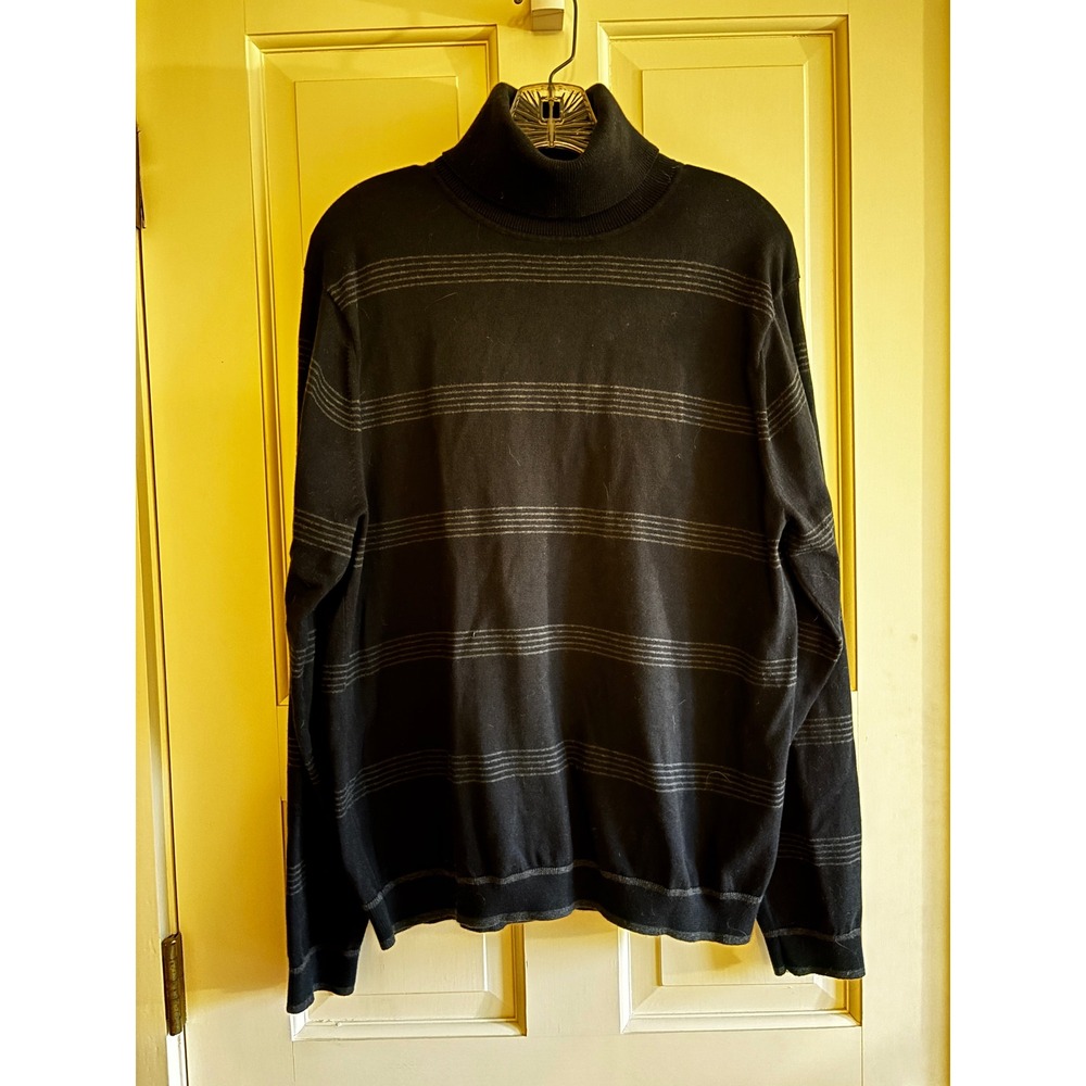 Claiborne Mens Black Grey Striped Turtleneck Sweater Cotton Blend Large